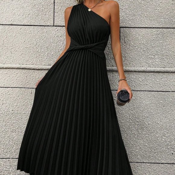 . Dresses & Skirts - Black Casual Womens One Shoulder Twist Front Pleated Hem Dress